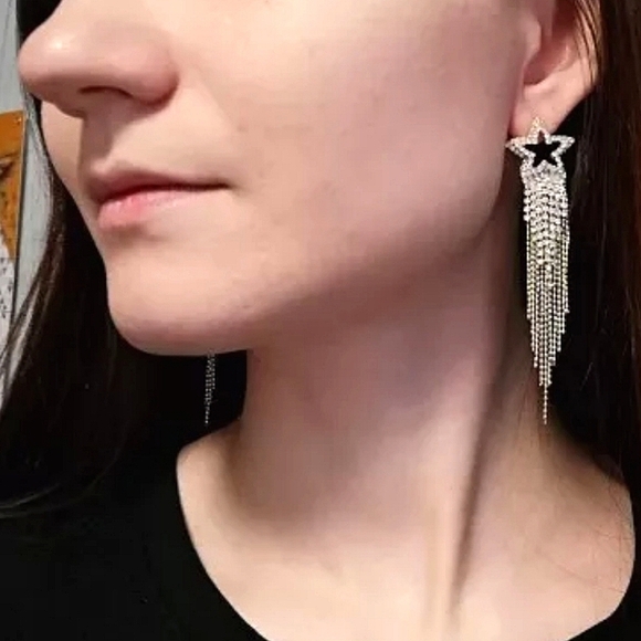 💖 Rhinestone Shooting stars tassel silver Statement formal dangle Earrings new - Picture 12 of 15